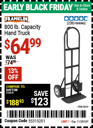 Buy the FRANKLIN 800 lb. Capacity Hand Truck (Item 58294) for $64.99, valid through 11/28/2024.