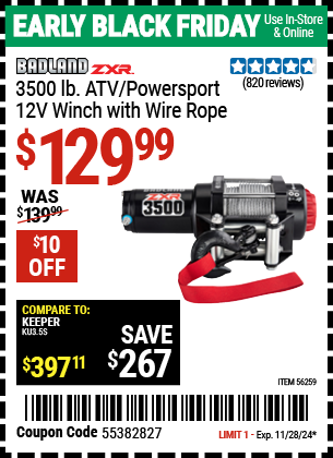 Buy the BADLAND ZXR 3500 lb. ATV/Powersport 12V Winch with Wire Rope (Item 56259) for $129.99, valid through 11/28/2024.