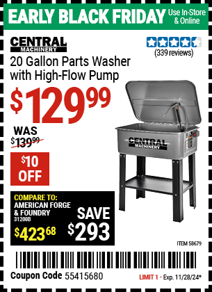 Buy the CENTRAL MACHINERY 20 Gallon Parts Washer with High-Flow Pump (Item 58679) for $129.99, valid through 11/28/2024.