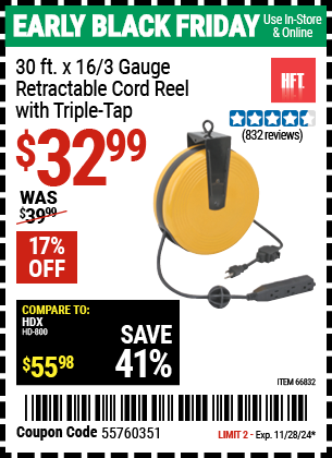 Buy the HFT 30 ft. x 16/3 Gauge Retractable Cord Reel with Triple Tap, Black (Item 66832) for $32.99, valid through 11/28/2024.