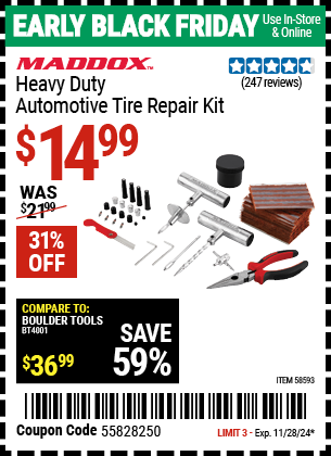 Buy the MADDOX Heavy Duty Automotive Tire Repair Kit (Item 58593) for $14.99, valid through 11/28/2024.