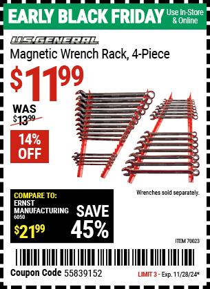 Buy the U.S. GENERAL Magnetic Wrench Rack, 4-Piece (Item 70023) for $11.99, valid through 11/28/2024.