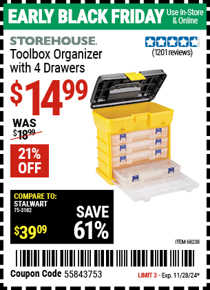 Buy the STOREHOUSE Toolbox Organizer with 4 Drawers (Item 68238) for $14.99, valid through 11/28/2024.