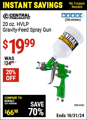 Buy the CENTRAL PNEUMATIC 20 Oz. HVLP Gravity Feed Spray Gun (Item 56982) for $19.99, valid through 10/31/2024.