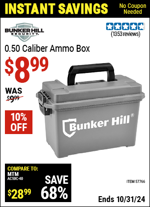 Buy the BUNKER HILL SECURITY 0.50 Caliber Ammo Box (Item 57766) for $8.99, valid through 10/31/2024.