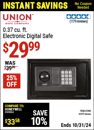 Buy the UNION SAFE COMPANY 0.37 cu. ft. Electronic Digital Safe (Item 62979/62980) for $29.99, valid through 10/31/2024.