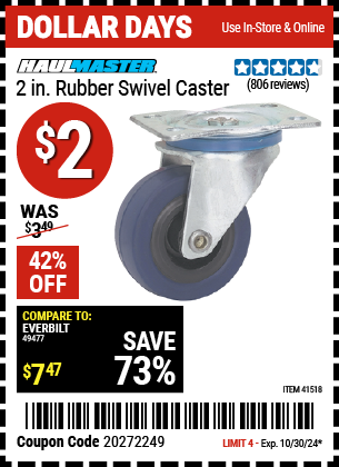 Buy the HAUL-MASTER 2 in. Rubber Swivel Caster (Item 41518) for $2, valid through 10/30/2024.