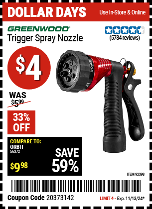 Buy the GREENWOOD Trigger Spray Nozzle (Item 92398) for $4, valid through 11/13/2024.