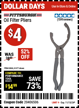 Buy the PITTSBURGH AUTOMOTIVE Oil Filter Pliers (Item 61477/63666) for $4, valid through 11/13/2024.