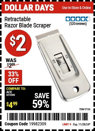 Buy the Retractable Razor Blade Scraper (Item 57136) for $2, valid through 11/28/2024.