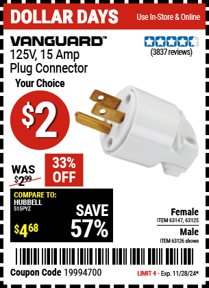 Buy the VANGUARD 125V, 15 Amp Plug Connector (Item 63125/63147/63126) for $2, valid through 11/28/2024.