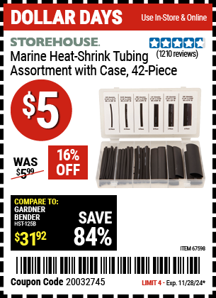 Buy the STOREHOUSE Marine Heat-Shrink Tubing Assortment With Case, 42-Piece (Item 67598) for $5, valid through 11/28/2024.