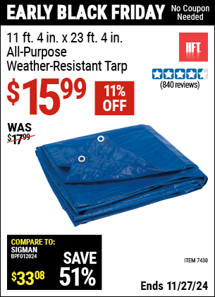 Buy the HFT 11 ft. 4 in. x 23 ft. 4 in. Blue All-Purpose Weather-Resistant Tarp (Item 07430) for $15.99, valid through 11/27/2024.