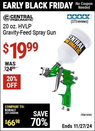 Buy the CENTRAL PNEUMATIC 20 oz. HVLP Gravity Feed Spray Gun (Item 56982) for $19.99, valid through 11/27/2024.