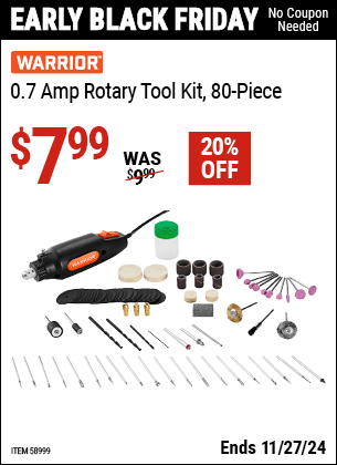 Buy the WARRIOR 0.7 Amp Rotary Tool Kit, 80-Piece (Item 58999) for $7.99, valid through 11/27/2024.