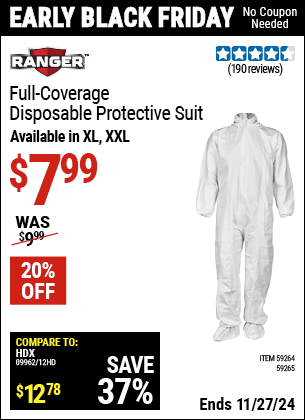 Buy the RANGER Full Coverage Disposable Protective Suit (Item 59264/59265) for $7.99, valid through 11/27/2024.