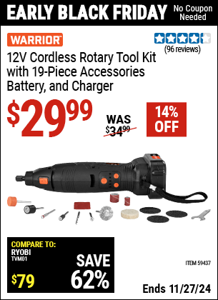 Buy the WARRIOR 12V Cordless Rotary Tool Kit with 19-Piece Accessories, Battery, and Charger (Item 59437) for $29.99, valid through 11/27/2024.