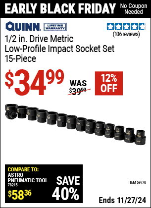 Buy the QUINN 1/2 in. Drive Metric Low-Profile Impact Socket Set, 15-Piece (Item 59770) for $34.99, valid through 11/27/2024.