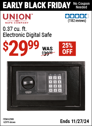 Buy the UNION SAFE COMPANY 0.37 cu. Ft. Electronic Digital Safe (Item 62979/62980) for $29.99, valid through 11/27/2024.