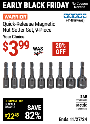 Buy the WARRIOR Quick Release Magnetic Nut Setter Set, 9-Piece (Item 65806/68519) for $3.99, valid through 11/27/2024.