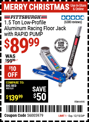 Buy the PITTSBURGH AUTOMOTIVE 1.5 Ton Low-Profile Aluminum Racing Floor Jack with RAPID PUMP (Item 64545) for $89.99, valid through 12/15/2024.