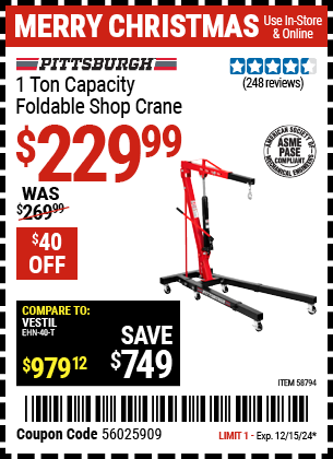 Buy the PITTSBURGH 1 Ton Capacity Foldable Shop Crane (Item 58794) for $229.99, valid through 12/15/2024.