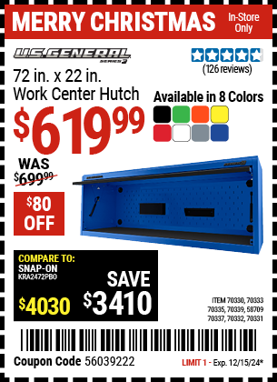 Buy the U.S. GENERAL 72 in. x 22 in. Work Center Hutch, Series 3 (Item 58709/70330/70331/70332/70333/70335/70337/70339) for $619.99, valid through 12/15/2024.