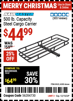 Buy the HAUL-MASTER 500 lb. Capacity Steel Cargo Carrier (Item 66983/69623) for $44.99, valid through 12/15/2024.