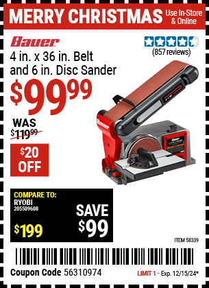 Buy the BAUER 4 in. x 36 in. Belt and 6 in. Disc Sander (Item 58339) for $99.99, valid through 12/15/2024.