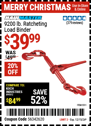 Buy the HAUL-MASTER 9200 lb. Ratcheting Load Binder (Item 05511) for $39.99, valid through 12/15/2024.