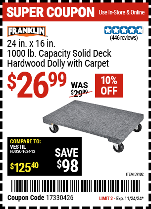 Buy the FRANKLIN 24 in. x 16 in. 1000 lb. Capacity Solid Deck Hardwood Dolly with Carpet (Item 59102) for $26.99, valid through 11/24/2024.