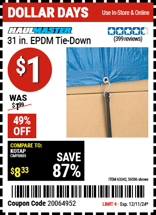 Buy the HAUL-MASTER 31 in. EPDM Tie-Down (Item 56506/63342) for $1, valid through 12/11/2024.