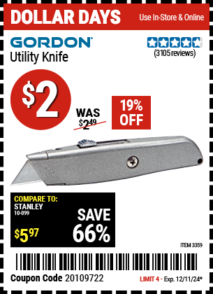 Buy the GORDON Utility Knife (Item 03359) for $2, valid through 12/11/2024.