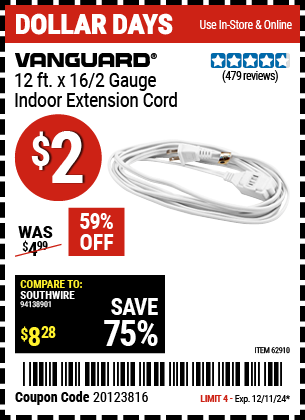 Buy the VANGUARD 12 ft. x 16/2 Gauge Indoor Extension Cord, White (Item 62910) for $2, valid through 12/11/2024.