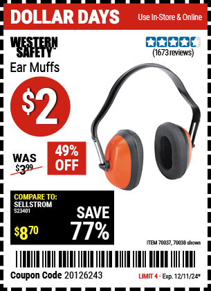 Buy the WESTERN SAFETY Ear Muffs (Item 70038/70037) for $2, valid through 12/11/2024.