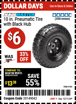 Buy the HAUL-MASTER 10 in. Pneumatic Tire with Black Hub (Item 67465) for $6, valid through 12/11/2024.