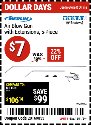 Buy the MERLIN Air Blow Gun with Extensions, 5-Piece (Item 63574) for $7, valid through 12/11/2024.