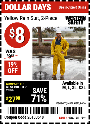 Buy the WESTERN SAFETY Yellow Rain Suit, 2-Piece (Item 94874/94875/94876/94877) for $8, valid through 12/11/2024.